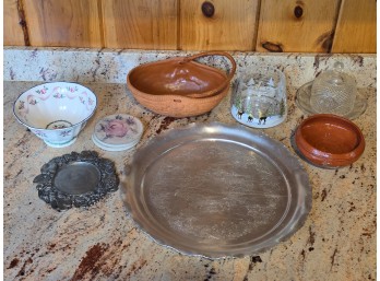 Decorative Misc. Lot - Butter Dish, Terracotta, Minton, Candle Shade, Aluminum Platter, Pewter Plate