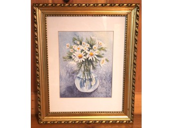 Marilyn J. Heaps 'Daisies In Blue' Watercolor Painting In Gilt Wood Frame