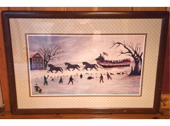 Folk Art Winter Sleigh Ride Scene Print, C. Late 19th-Early 20th Century