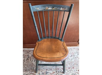L. Hitchcock Hand-painted Wooden Spindle Back Chair With Coastal Village Scene