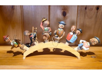 German Folk Art Hand Carved Wooden Wine Bottle Stoppers On Display Holder, C. ~1960s-1980s