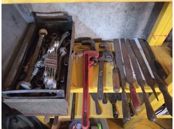 Assorted Hand Tools - Vintage Pipe Wrenches, Toolbox, Files & Wrench Set