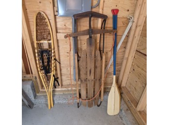 Trapper Snowshoe, Vintage Wooden Sled, And Two Paddles