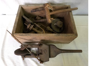 Antique Wooden Bobbin Winder & Spinning/Weaving Tool Parts Lot - C. 19th-early 20th C.
