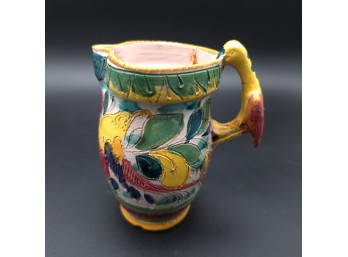 Colorful Carved Ceramic 6' Pitcher / Creamer With Bird Handle - Flawed*