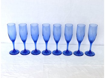 Set Of 8 Blue Glass Champagne Flutes