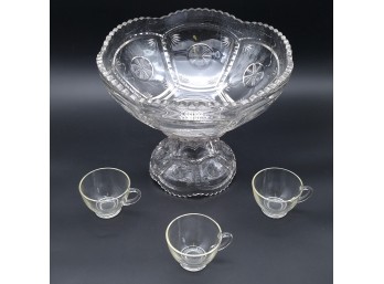 Vintage Two-Piece Cut Glass Punch Bowl Set With *19* Punch Cups, C. ~1960s
