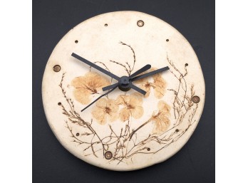 Handmade Ceramic Quartz Wall Clock W/ Pressed Floral & Botanical Motif, C. ~1970s-1980s