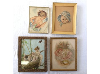 Vintage Baby And Angel Artworks In Wooden Frames - C. Early 20th Century