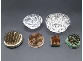 Vintage Glass Flower Frogs And Metal Kenzans