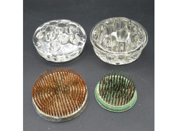 Lot Of 4 Vintage Flower Frogs - Glass & Kenzan Pin Frogs