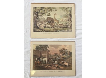 Vintage Currier & Ives Lithographs - Adam Naming The Creatures & American Farm Yard Evening