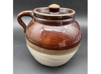 Two-Tone Glazed Stoneware Bean Pot With Lid, C. 1900-1940