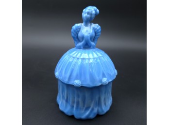 Blue Opalescent Swirled Art Glass Figural Trinket Covered Bowl, C. ~1940s-1960s