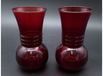 Pair Of Ruby Red Glass Bulbous Vases, 6'