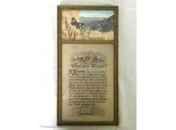 Vintage Framed Masonic 'What Is A Mason?' Print W/ Mohawk Trail Scene & Pressed Moth - 1923