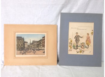Antique Signed Prints, City Scene And Family - C. Early To Mid 20th Century