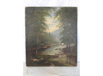 Antique Oil On Canvas Serene Landscape Painting, C. Late 19th-Early 20th Century - Flawed*