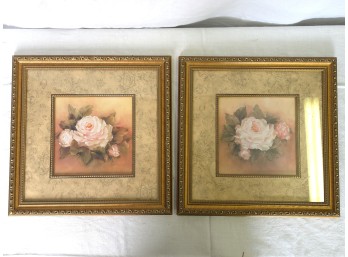 Signed Rose Floral Oil Painting Pair In Quality Frames - C. 1950s - 70s