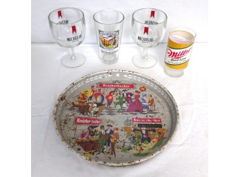 Vintage Beer Advertising Tray & Brewery Glasses Lot