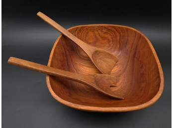 KALMAR Teak Wood Salad Bowl With Servers, C. ~1960s