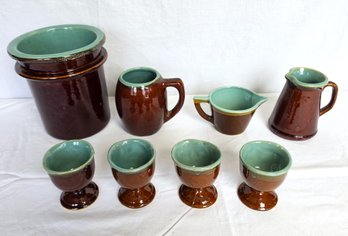 Brown And Teal Glazed Pottery Set - C. ~1960s
