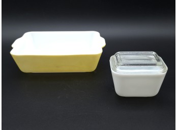 Vintage PYREX Lot - Yellow Baking Dish & White Fridge Bowl With Glass Lid