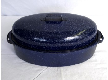 Vintage Blue Speckled Enamelware Oval Roaster With Lid