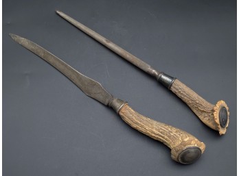 Antler Handle Carving & Sharpening Set With Silver* Banding & Caps, C. Late 19th - Early 20th C.