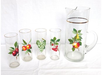 Vintage Fruit Motif Drinking Glasses & Pitcher Set, C. ~1960s