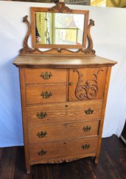 Antique Oak Dresser With Mirror, Carved Details C. 1900-1920