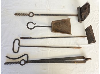 Antique Wrought Iron Fireplace Tool Set, C. 1900-1940