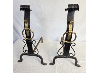 Pair Of Wrought Iron And Brass Andirons, C. Early 20th C.