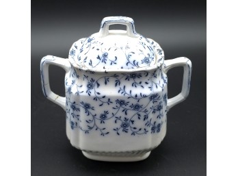 Antique Blue & White Floral Transferware Sugar Bowl, Flawed And Repaired* - C. Late 19th - Early 20th C.