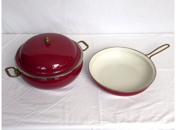 Newcor Sculpture Spain High-Quality Enamel On Steel Cookware Set With Brass Handles - Lidded Pot & Frying Pan