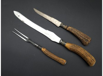 Rodgers England Antler Handle Stainless Carving Set, Silver Banding - C. 1920 - 40s