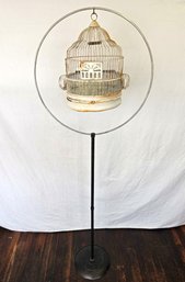 Decorative White Metal Birdcage On Tall Floor Stand - C. ~1950s-1960s