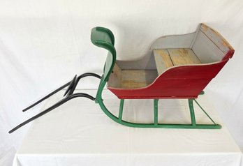 Large 25' Antique Wooden Red & Green Decorative Sleigh / Sled For Holiday Display - C. ~1960s