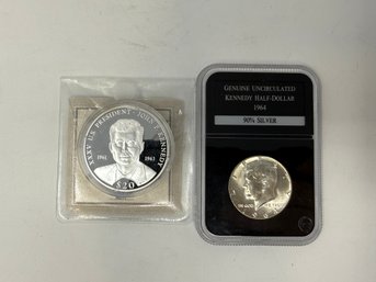 JFK Siver Coins .999  Liberian $20 & Uncirculated 1964 Kennedy Half Dollar