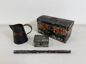 4 Pieces Of 19th C Tole Decorated Tinware