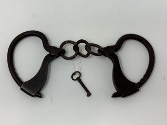 Early Iron Handcuffs With Key 1869 Patent Date