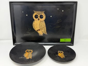 (3) Pcs Couroc, Owl Tray & Two Plates
