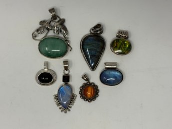 (7) Sterling Silver Pendants With Stones, Jewelry Lot