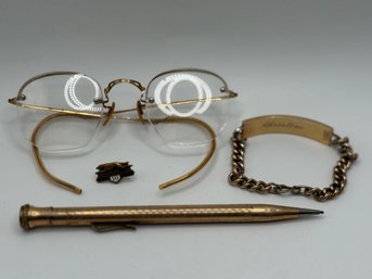 Gold Filled Glasses, Pencil & GF Over Sterling Bracelet