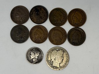 1915 Barber Quarter, 1924 Mercury Dime & (8) Indian Head Penny