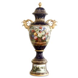 A Touch Of Class: Hand-Painted Dark Blue Porcelain Vase With Baroque Floral Motif