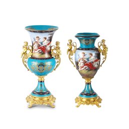 A Set Of Classic Vibrant Teal Color Decorative Cherub Vase