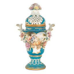 Rococo Elegance Unveiled: Potpourri Hand-Painted Vase With Porcelain Flowers
