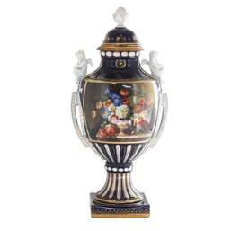 Elegance In Porcelain: Hand-Painted Dark Blue Vase With Intricate Handles