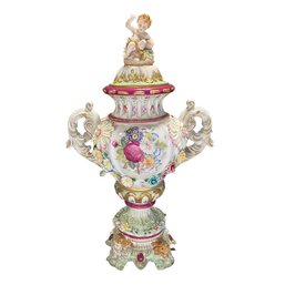 Unparalleled Treasure: Unique Hand-Painted Porcelain Urn With Three Dimensional Flowers In Rococo Style